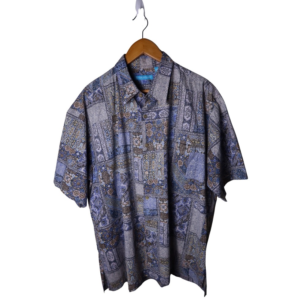 Tori Richard XL Silk Blend Mosaic Patchwork Short Sleeve Button Down Shirt Blue